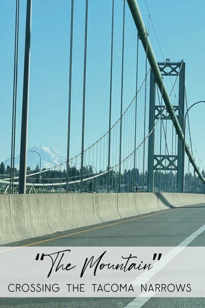Tacoma Narrows Bridge drive toward Whidbey Island Driving across the Tacoma Narrows Bridge with Mount Rainier visible in the distance on a clear day