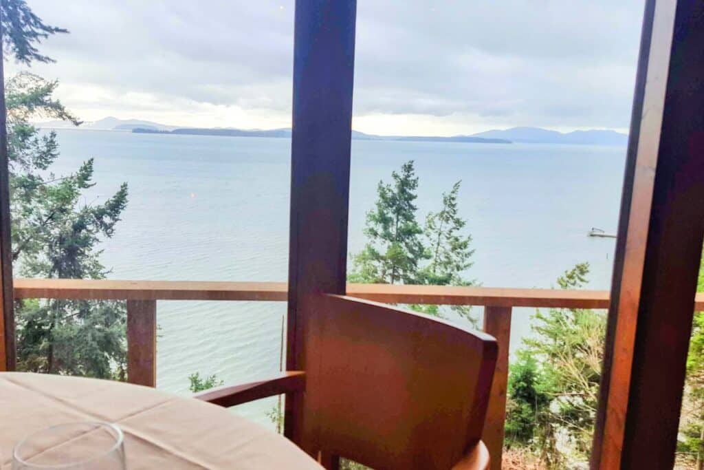 Looking out the large windows at the view of Samish Bay and nearby islands. The Oyster Bar on Chuckanut Drive in Western Washington