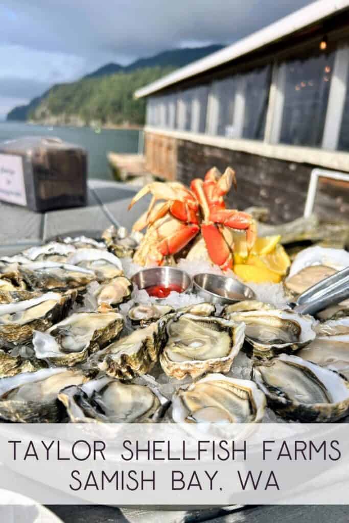 A chilled tray with fresh Oysters on the half shell and crab with a view of the Samish Bay at Taylor Shellfish Farms Oyster Bar in Western Washington