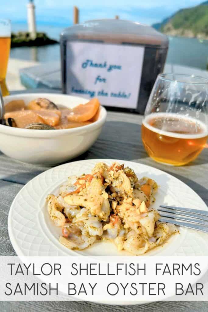 Fresh Geoduck, mussels, and a beer at the outside dining on Samish Bay, Washington. Taylor Shellfish Farms Oyster Bar