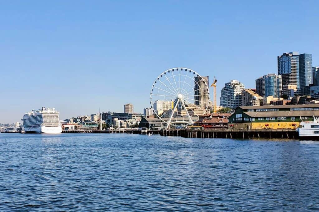 Skyline View of Seattle Waterfront with the Great Wheel and The Fisherman's Restaurant - Seattle, WA