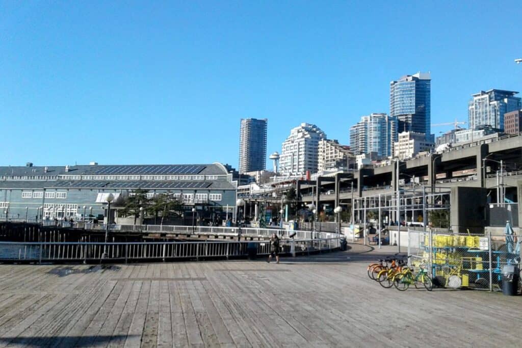 Seattle Waterfront Pier and Aquarium from Fisherman's Restaurant in Seattle, Washington