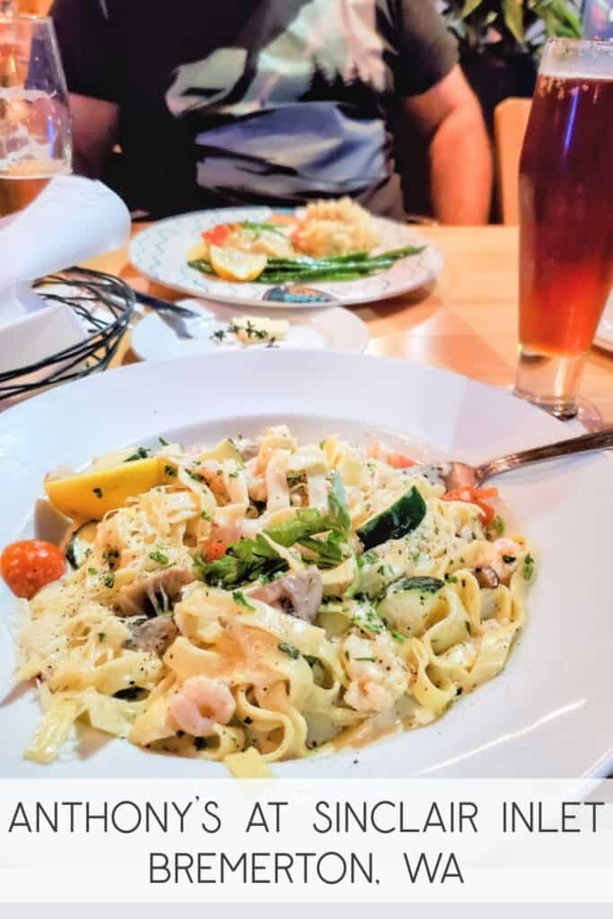 A plate of creamy, shrimp fettuccine at Anthony's at Sinclair Inlet in Bremerton, Washington