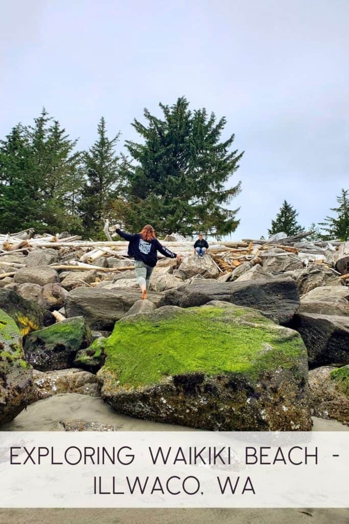 A girl walking on the driftwood at the Waikiki Beach of Long Beach Peninsula in Washington State