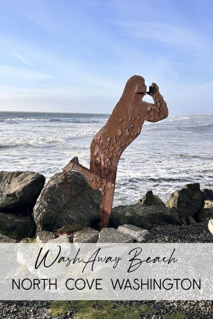 Washaway Beach in North Cove Washington showing coastal erosion monitoring site where visitors document shoreline changes