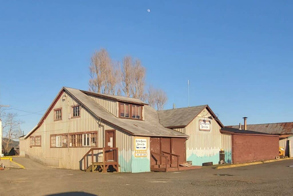 Weathered buildings in Grayland Washington along the quiet coastal drive between Westport and Tokeland