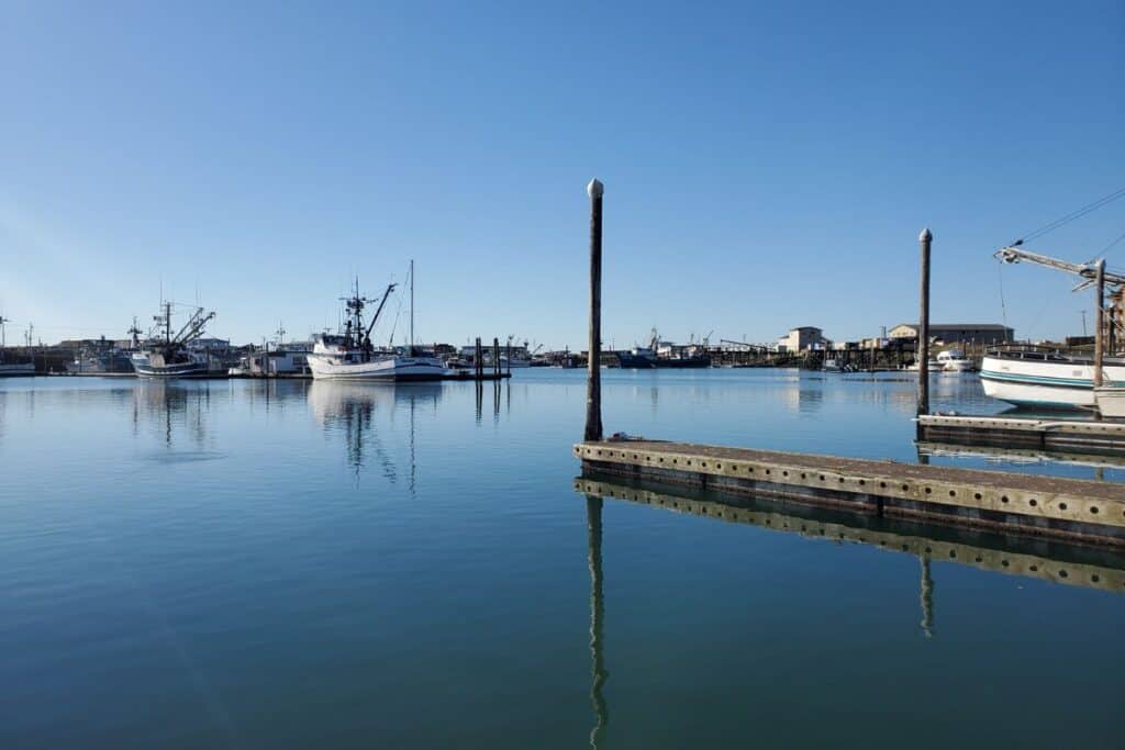 Westport Washington marina with commercial fishing boats, docks, and calm harbor water on a clear coastal morning