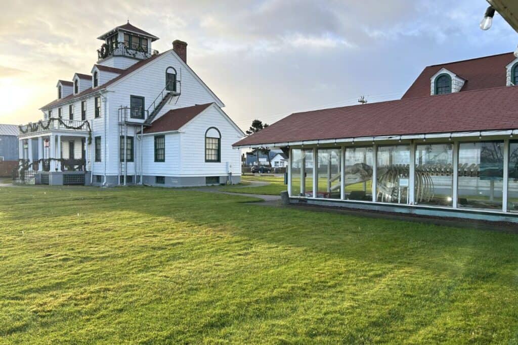Westport Maritime Museum in Westport Washington with outdoor whale skeleton exhibit on the Washington Coast