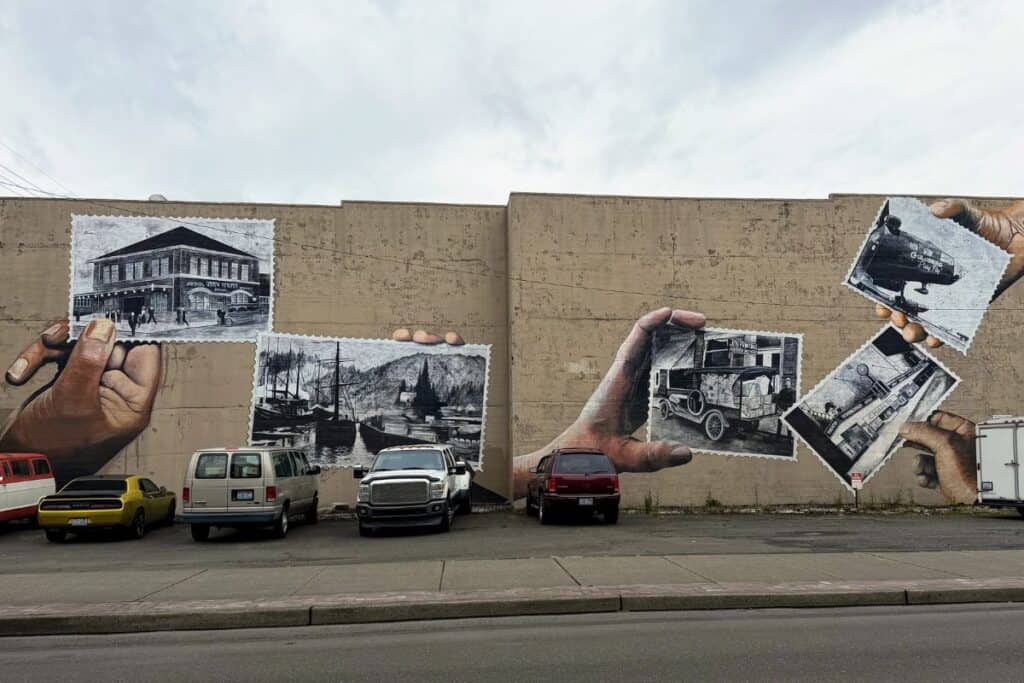 Historic mural in downtown Aberdeen Washington Historic mural in downtown Aberdeen Washington showing old photographs and scenes from the city’s industrial past.