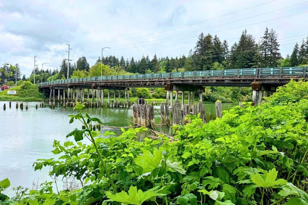 Young Street Bridge Aberdeen Washington Bridge crossing over the river in Aberdeen Washington surrounded by old waterfront pilings and lush greenery.