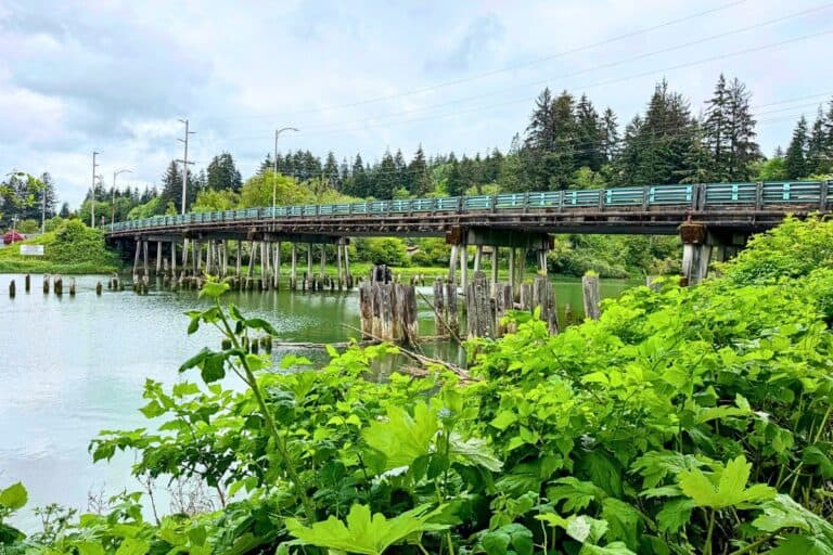 Bridge crossing over the river in Aberdeen Washington surrounded by old waterfront pilings and lush greenery.