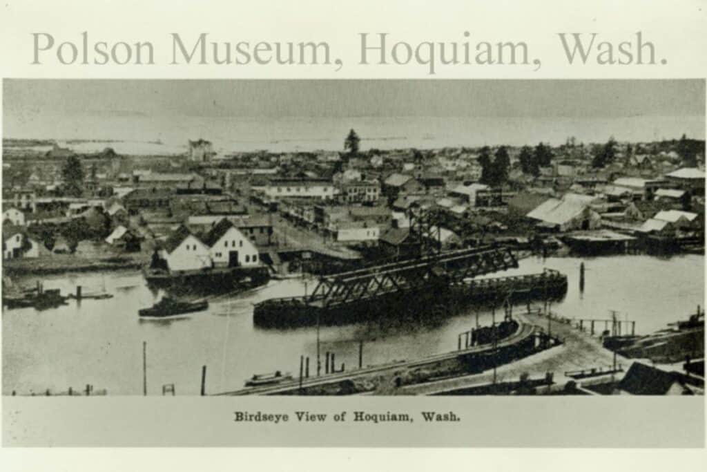 Historic waterfront view of Hoquiam Washington during the logging era Historic bird’s-eye view postcard of Hoquiam, Washington showing waterfront buildings, bridges, and harbor activity during the early 1900s.