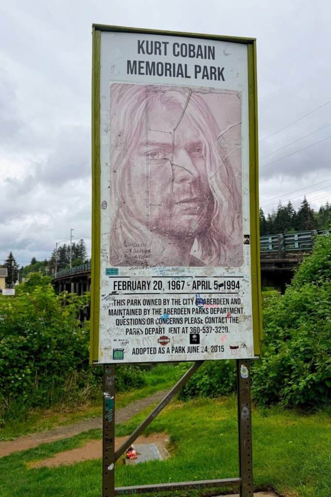 Kurt Cobain Memorial Park in Aberdeen Washington Kurt Cobain Memorial Park sign in Aberdeen Washington near the Wishkah River.