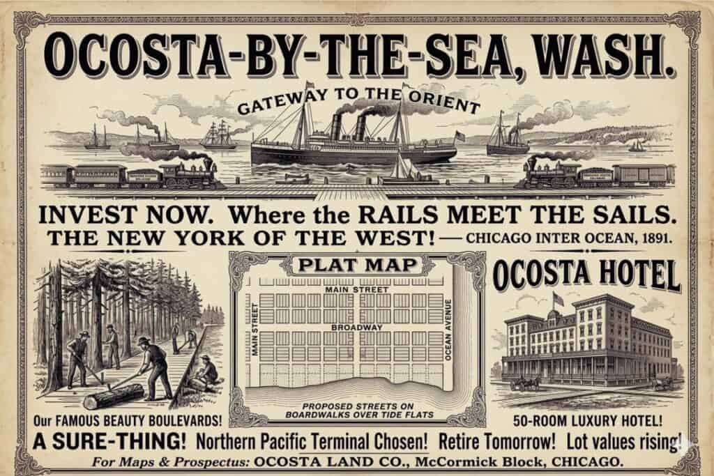 Historical Advertisement Recreation: The Promise of Ocosta A recreation of a 1891 Victorian newspaper advertisement for Ocosta-by-the-Sea, featuring steamships, trains, the Ocosta Hotel, and bold investment claims.