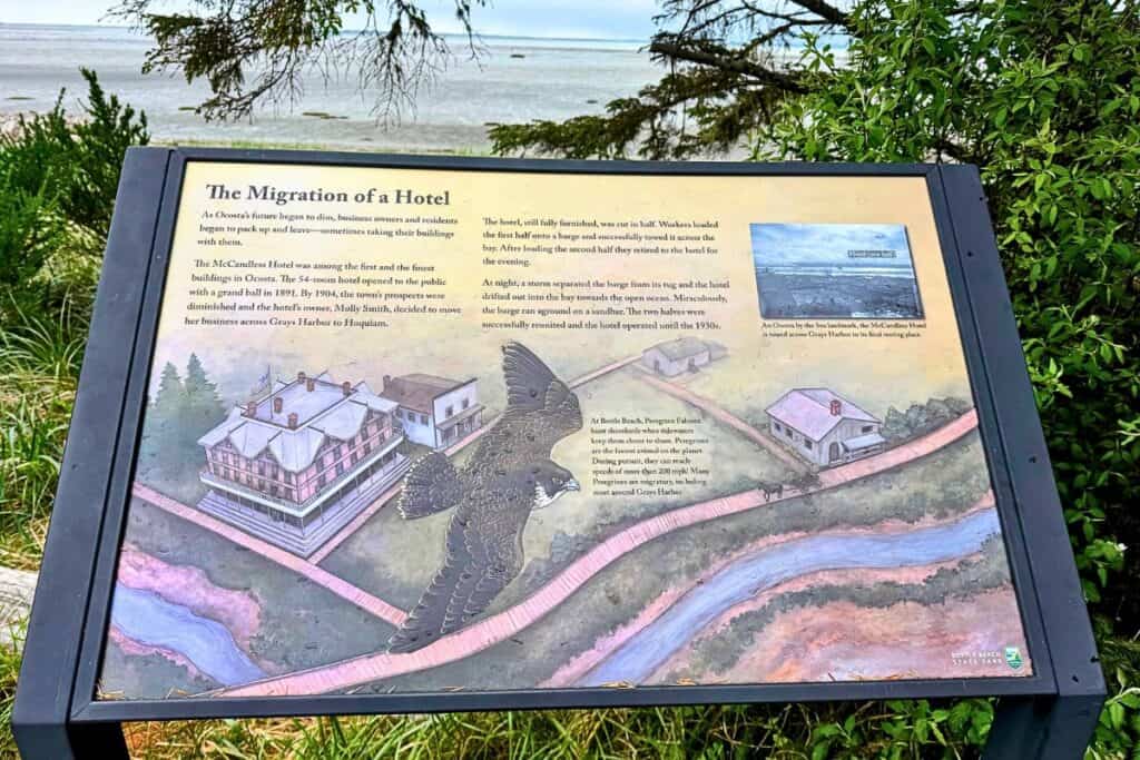 Learning the history of Ocosta by the Sea at Bottle Beach Historical sign explaining the history of Ocosta by the Sea at Bottle Beach State Park in Washington