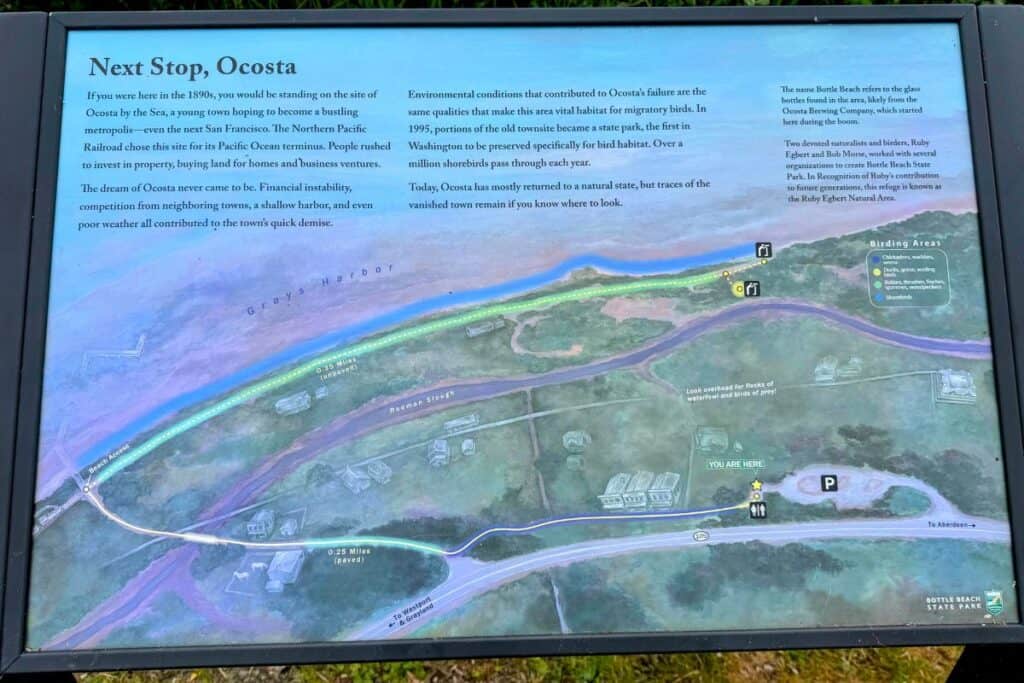 Ocosta-by-the-Sea historical map and interpretive sign at Bottle Beach State Park Interpretive sign at Bottle Beach State Park showing the former layout and history of Ocosta-by-the-Sea in Washington State.