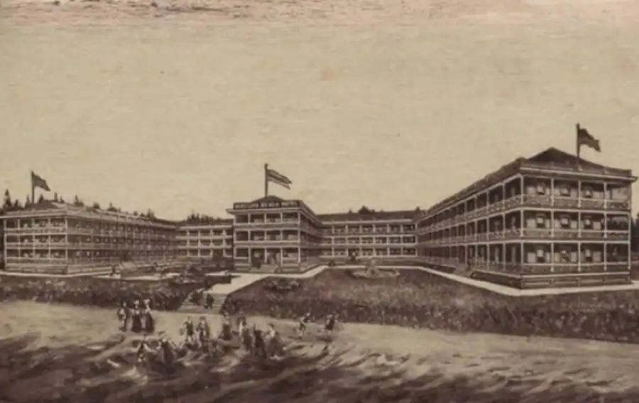 Vintage image of a large historic hotel overlooking Moclips Beach on the Washington coast.