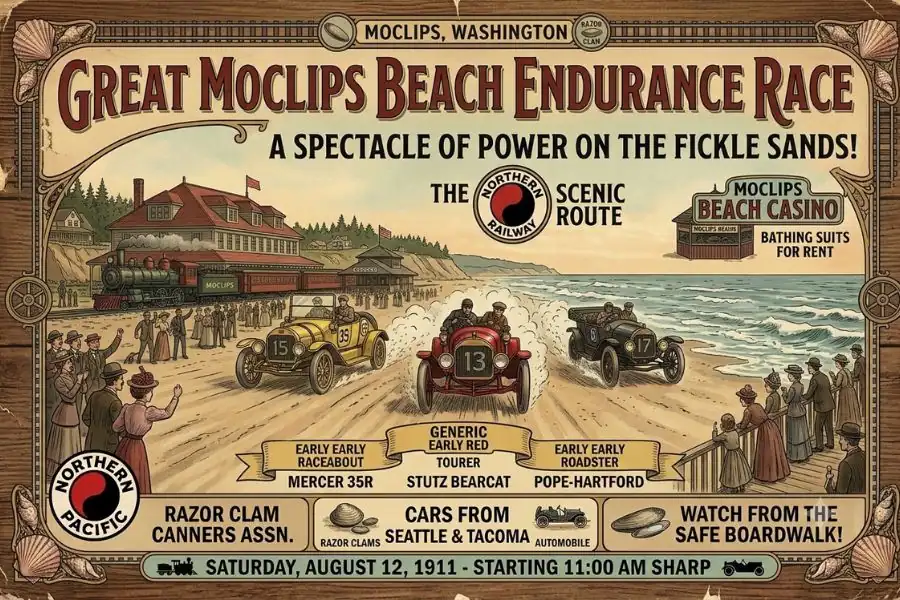 An illustrated recreation of a 1911 vintage travel poster advertising the Great Moclips Beach Endurance Race, featuring early models like a Mercer 35R and Stutz Bearcat racing on the sand next to the Northern Pacific Railway train.