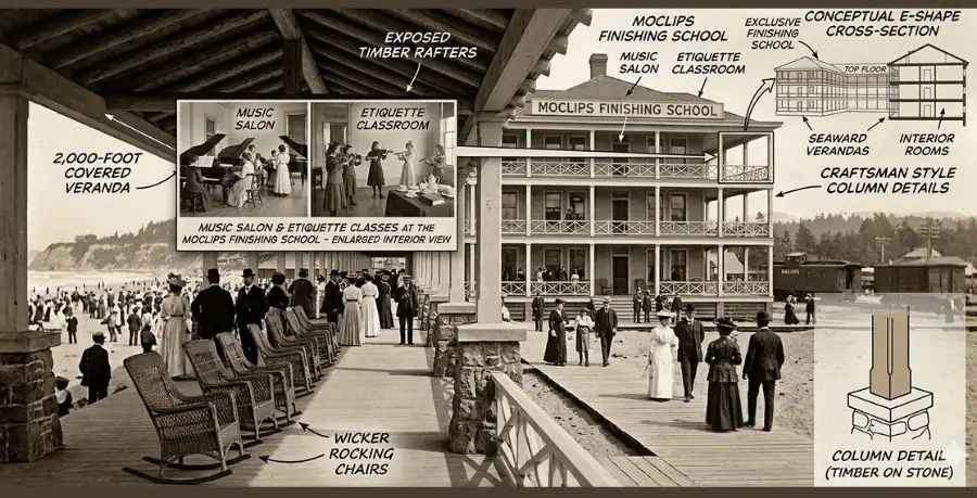 A conceptual sepia-toned infographic diagram detailing the layout of the Moclips Beach Hotel and Finishing School. Labels highlight the 2,000-foot covered veranda with wicker rocking chairs, a cross-section of the E-shape design, architectural column details, and inset views of a music salon and etiquette classroom.