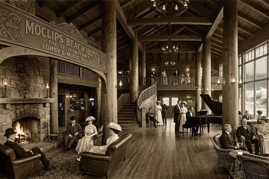 A sepia-toned historical recreation of the grand interior lobby and music salon at the historic Moclips Beach Hotel, featuring a massive stone fireplace, towering log pillars, a grand piano, and guests dressed in Edwardian attire looking out at ocean waves.