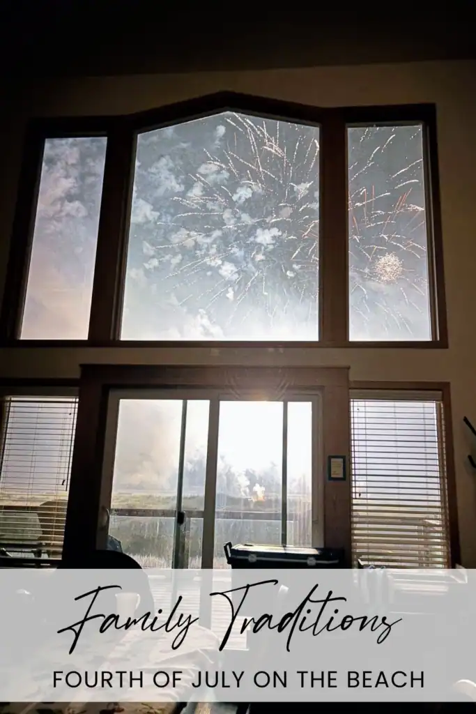 Fireworks viewed from inside a beachfront vacation rental in Moclips Washington