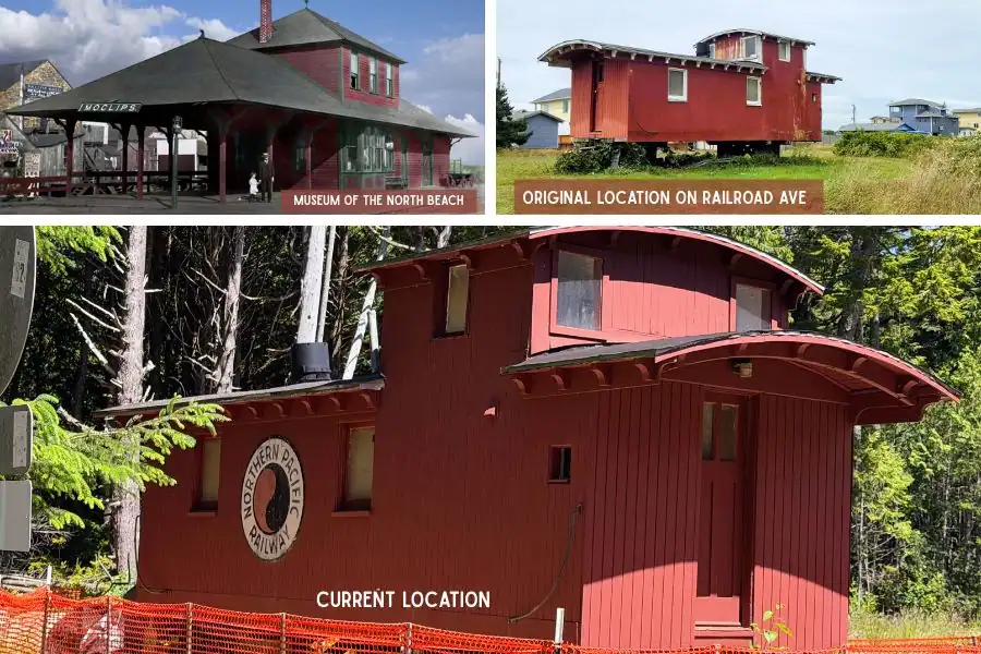 Collage showing the historic red Moclips caboose at its former Railroad Avenue location, its new site at the future Museum of the North Beach, and a rendering of the depot-inspired museum building.