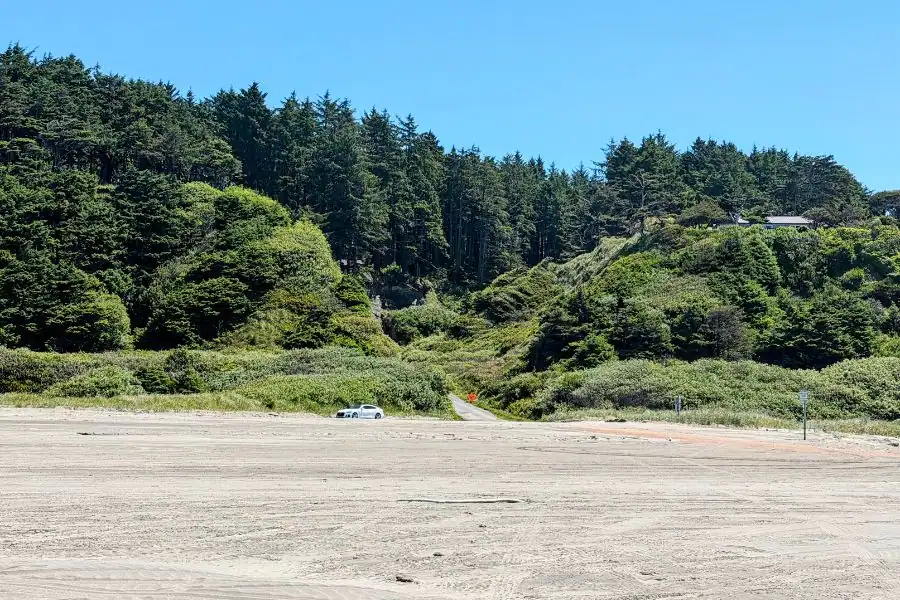 Wide sandy stretch of Mocrocks Beach below forested coastal bluffs in Moclips, Washington