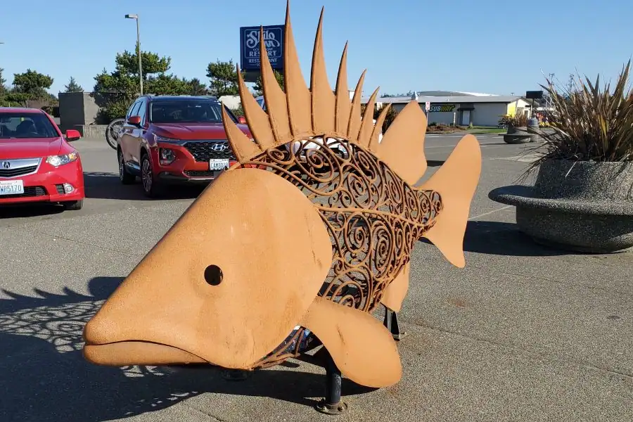 Large fish sculpture in downtown Ocean Shores, Washington