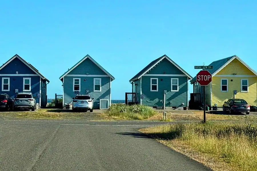 Colorful cottage-style vacation rentals at Oyhut Bay Seaside Village in Ocean Shores, Washington