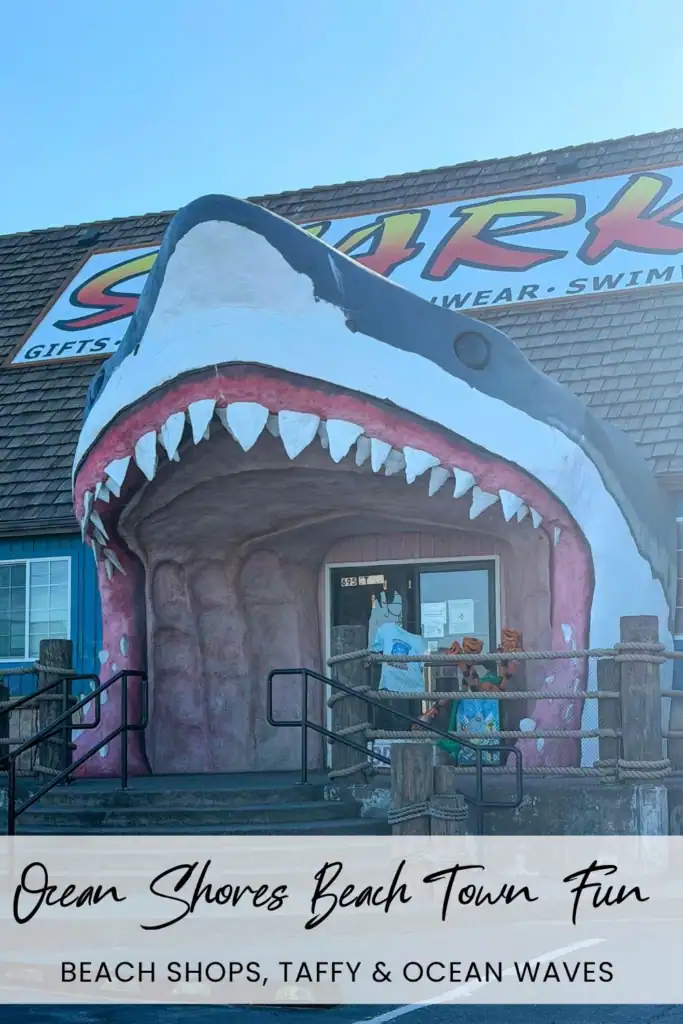Entrance to Sharky's gift shop with a giant shark mouth in Ocean Shores, Washington