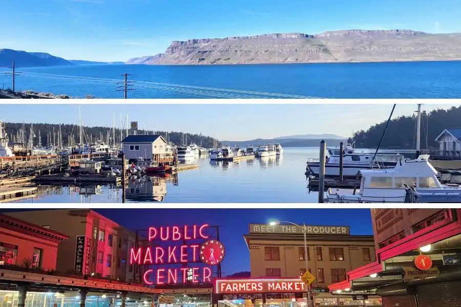 Collage showing the diversity of the Pacific Northwest, including a blue river canyon, a quiet marina, and Seattle’s Pike Place Market at night.