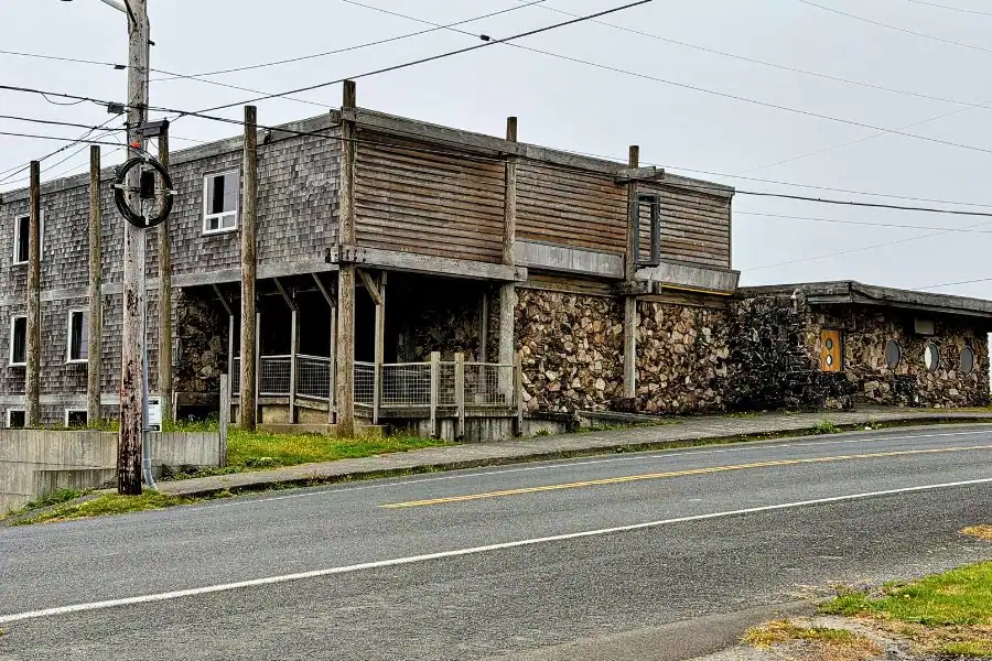 Weathered former Lighthouse Cafe building in Pacific Beach, Washington