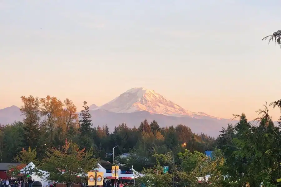Mount Rainier glowing at sunset above trees and a small town gathering in Washington, showing a classic Pacific Northwest view for a blog post about living in the PNW.