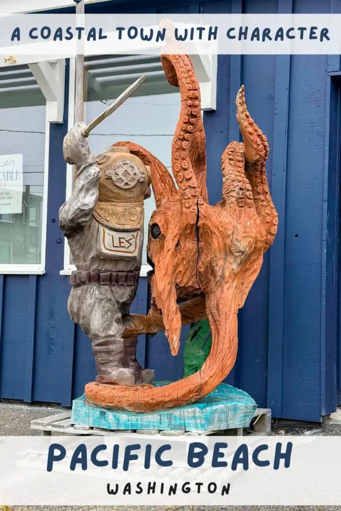 Colorful carved sea creature sculpture outside a business in Pacific Beach, Washington