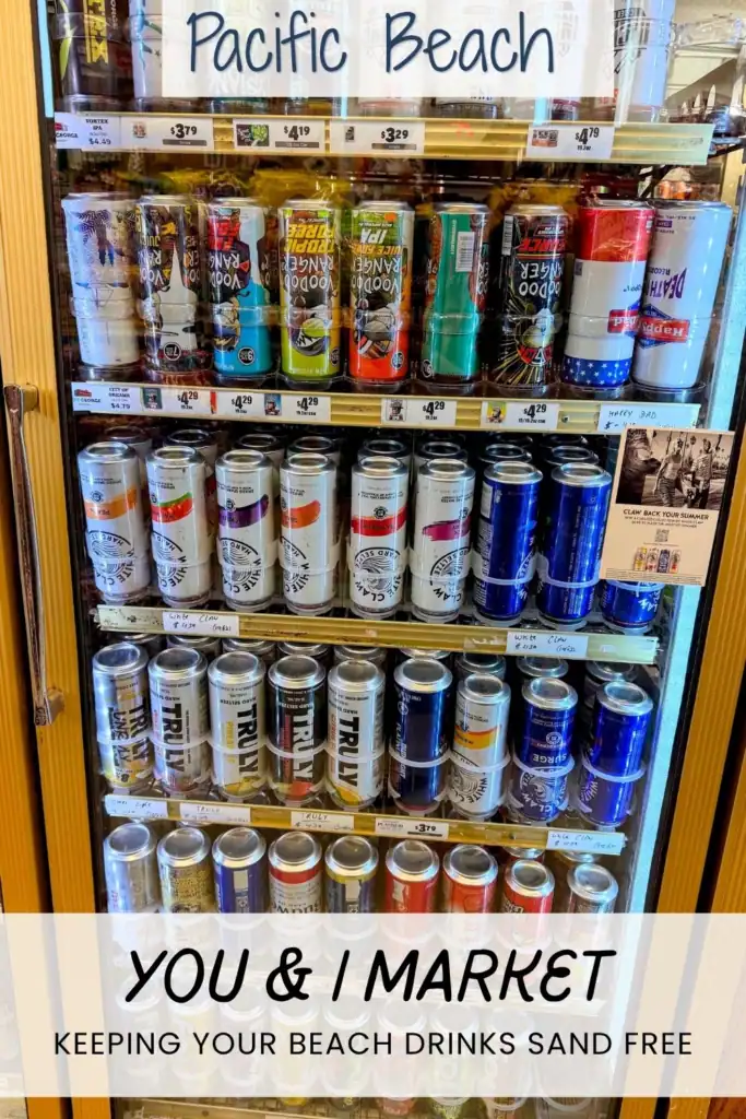 Upside-down drink cans displayed inside You & I Market in Pacific Beach, Washington