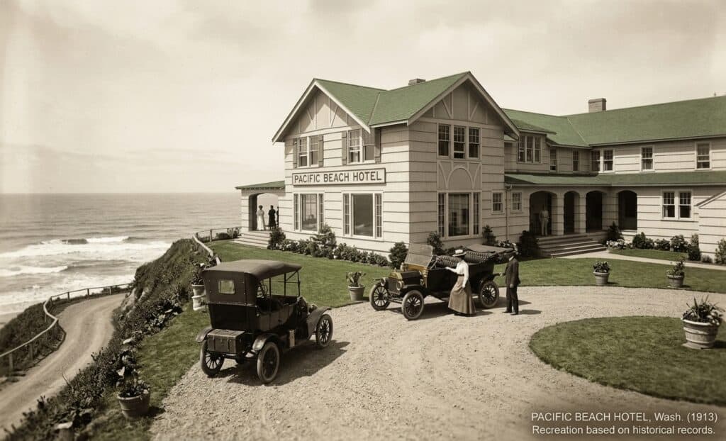 Recreation of the Pacific Beach Hotel during the early resort era Recreated exterior of the Pacific Beach Hotel on the bluff with early automobiles