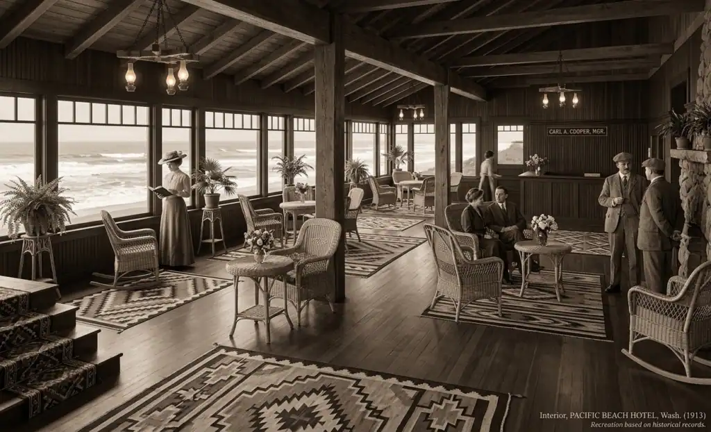 Recreated interior of the historic Pacific Beach Hotel in Washington Recreated interior of the Pacific Beach Hotel with wicker chairs, ocean-view windows, and guests