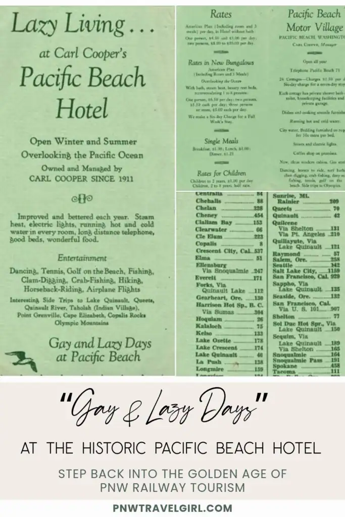 Pinterest graphic for the historic Pacific Beach Hotel resort era history guide. A retro travel pin featuring a vintage green brochure for Carl Cooper's Pacific Beach Hotel with text overlay reading Gay and Lazy Days Step back into the golden age of PNW railway tourism.