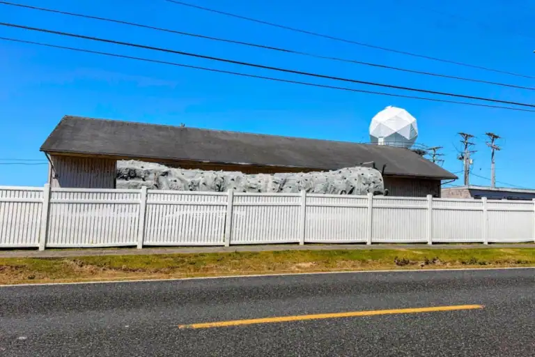 Military building and white radar dome at Pacific Beach, Washington