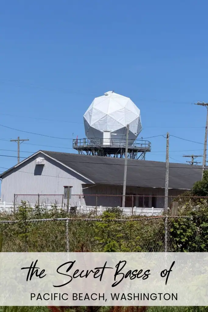Custom Pinterest graphic showcasing the Cold War radar installation at Pacific Beach Resort. A Pinterest pin featuring a large white geodesic radar dome rising above a gray military building in Pacific Beach Washington with text reading Resort to Military.