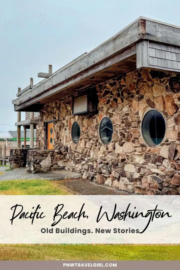 Weathered stone exterior with round windows at the former Lighthouse Cafe in Pacific Beach, Washington