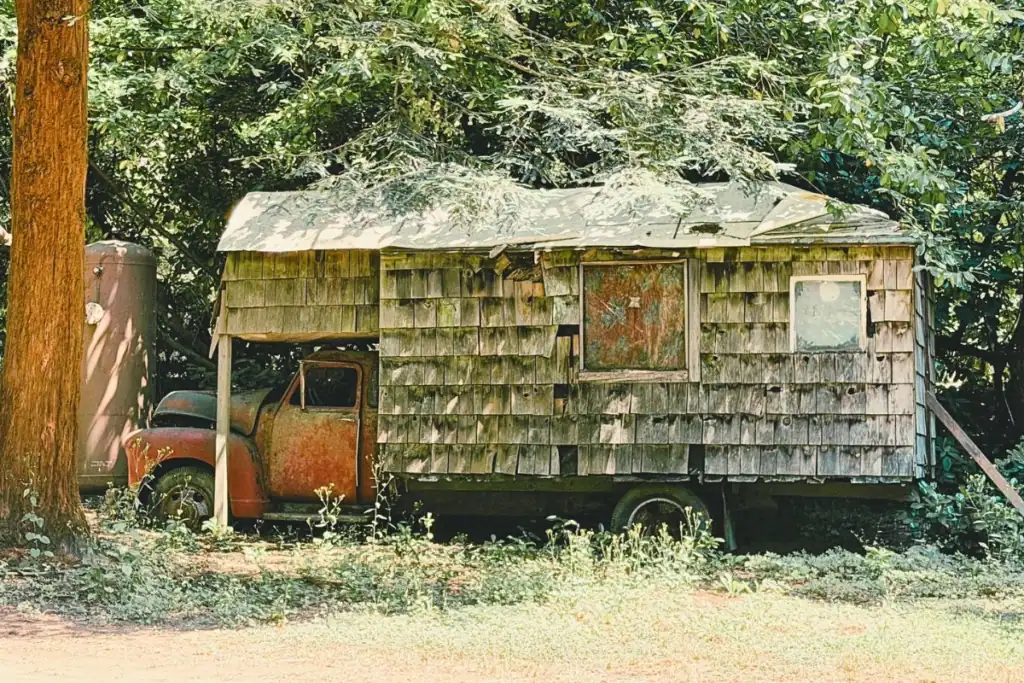 Old truck camper at Green River Gorge Resort Old red truck with a weathered shingle-covered camper at Green River Gorge Resort