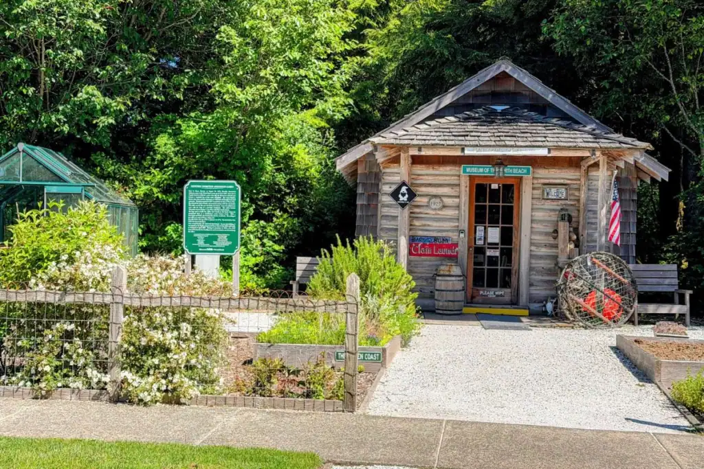 Rustic entrance to the temporary Museum of the North Beach in Seabrook, Washington