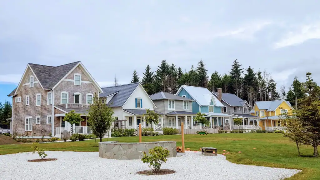 Colorful coastal cottages and landscaped green space in Seabrook, Washington