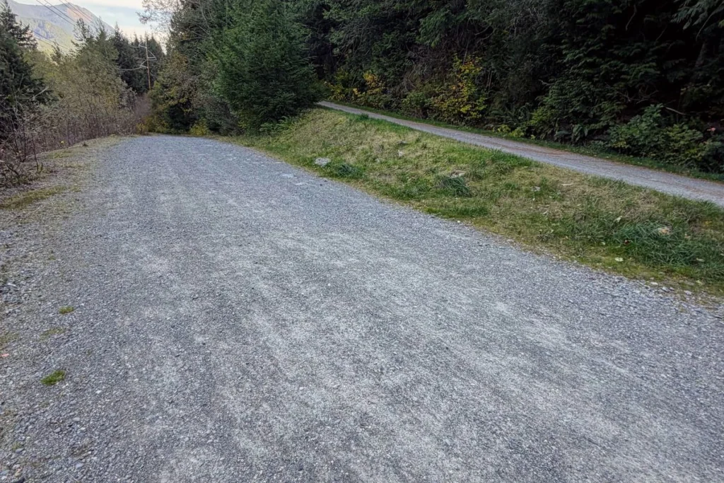 Wide gravel trail bordered by evergreen forest and a grassy hillside along the Palouse to Cascades State Park Trail near North Bend, Washington.