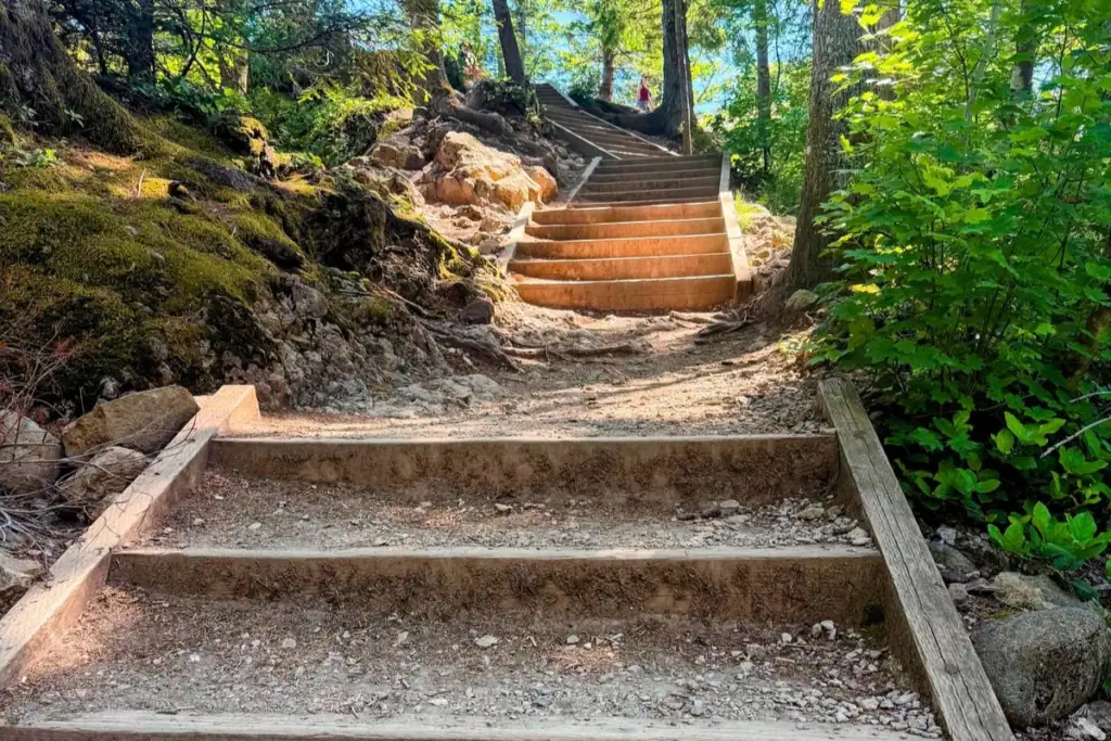 Wooden steps climbing through a rocky, forested section of the Rattlesnake Ledge Trail near the viewpoint in North Bend, Washington.
