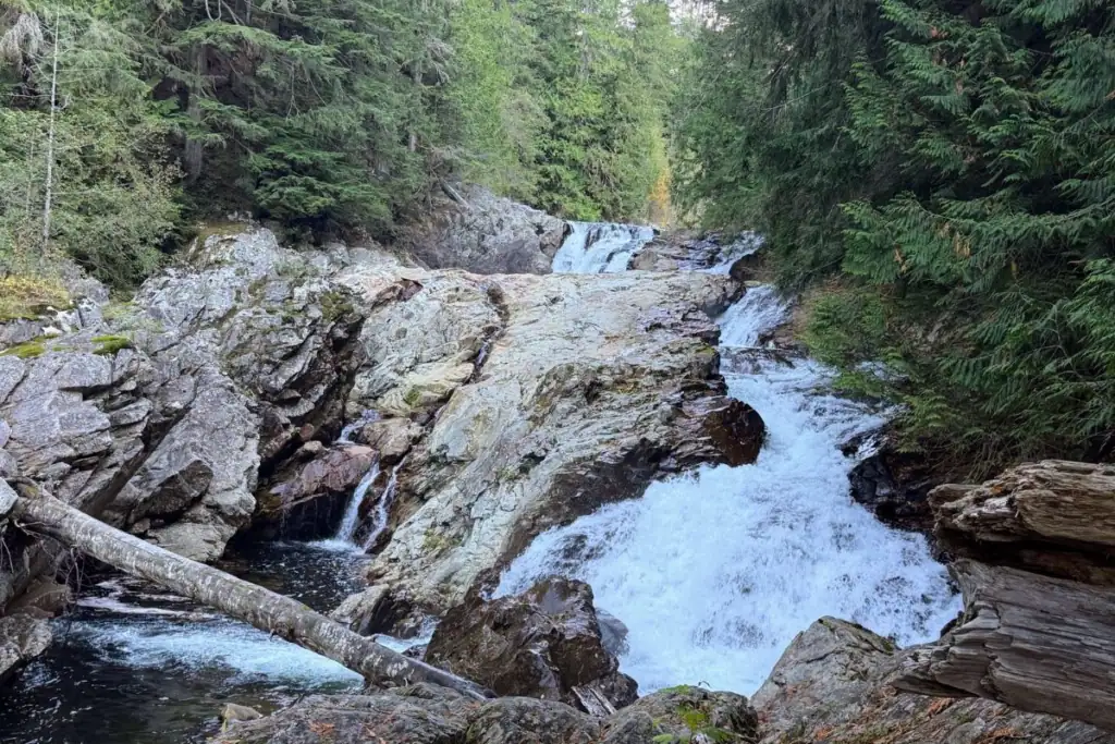 Wide view of Weeks Falls cascading over large rock formations into the South Fork Snoqualmie River, surrounded by evergreen forest at Olallie State Park, Washington.